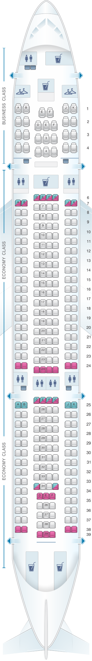 Seat map for Virgin Australia Airbus A330 200 Config. 2